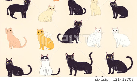 Cute cat pattern with cats in various poses on soft pastel background Cute cat pattern with cats in various poses on soft pastel background 121418703