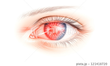 Red eye showing inflammation and pain symptom Red eye showing inflammation and pain symptom 121418720