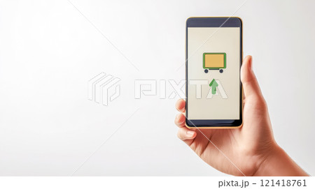 Hand holding smartphone showing delivery truck icon and up arrow 121418761
