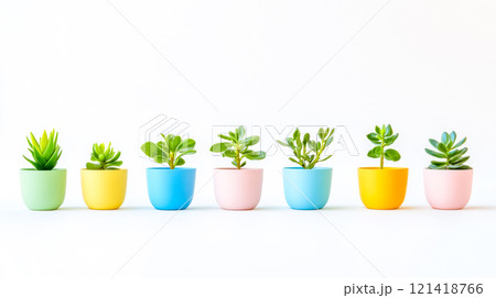 Small potted plants in colorful pots on white background 121418766