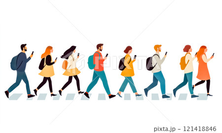 Students walking on crosswalk using smartphones and backpacks 121418846