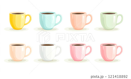 Set of pastel colored coffee mugs containing dark coffee Set of pastel colored coffee mugs containing dark coffee 121418892