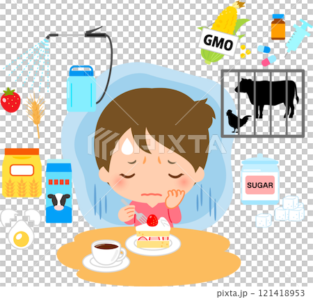 A woman hesitates to eat a cake because she is worried about its ingredients A woman hesitates to eat a cake because she is worried about its ingredients 121418953