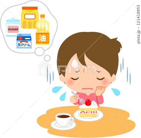 ケーキの材料を気にして食べるのを躊躇う女性 ケーキの材料を気にして食べるのを躊躇う女性 121418955