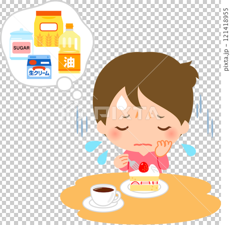 ケーキの材料を気にして食べるのを躊躇う女性 ケーキの材料を気にして食べるのを躊躇う女性 121418955