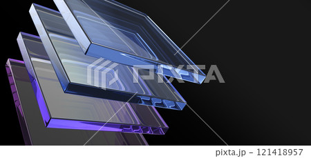 Abstract 3d black background wallpaper with glass square shapes, iridescent light holographic gradient render. Crystal transparent plates with layer effect, digital design tech banner. 3D illustration Abstract 3d black background wallpaper with glass square shapes, iridescent light holographic gradient render. Crystal transparent plates with layer effect, digital design tech banner. 3D illustration 121418957