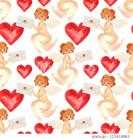 Cupid with letters in vintage style. Love mail. Watercolor seamless pattern for textile and wrapping paper for Valentine's Day or wedding 121418963
