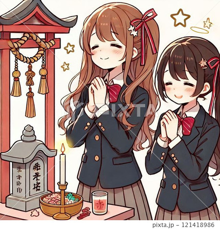 合格祈願でお祈りをする女子高生 121418986