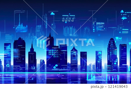 未来的なデジタル都市の青いサイバーパンク風景 121419043
