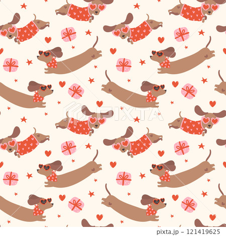 Groovy Valentine Dachshund Pattern Seamless Retro sausage dog Wallpaper isolated on background Groovy Valentine Dachshund Pattern Seamless Retro sausage dog Wallpaper isolated on background 121419625
