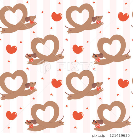 Valentine Dachshund Heart Shape Pattern Seamless Cute Groovy sausage dog Wallpaper isolated on background Valentine Dachshund Heart Shape Pattern Seamless Cute Groovy sausage dog Wallpaper isolated on background 121419630