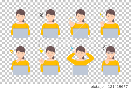 一群年輕女性一邊看電腦一邊做出各種表情和姿勢【人物向量圖素材】 一群年輕女性一邊看電腦一邊做出各種表情和姿勢【人物向量圖素材】 121419677