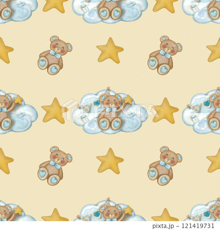 Baby cute bear seamless pattern hand drawn on cream color background, Children's design. Ideal for children's textiles. 121419731