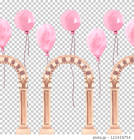 Stone greek ancient classic arch and pink balloons seamless border isolated on white. High quality architecture watercolor illustration for cards, posters, tape, decor and design. Decorative residence Stone greek ancient classic arch and pink balloons seamless border isolated on white. High quality architecture watercolor illustration for cards, posters, tape, decor and design. Decorative residence 121419754