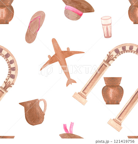 Summer vacations. Airplane, ancient site, pottery, sun hat, flip flops watercolor seamless pattern isolated on white. Hand drawn for stationary, souvenir decor and design, wrapping paper. Historical Summer vacations. Airplane, ancient site, pottery, sun hat, flip flops watercolor seamless pattern isolated on white. Hand drawn for stationary, souvenir decor and design, wrapping paper. Historical 121419756