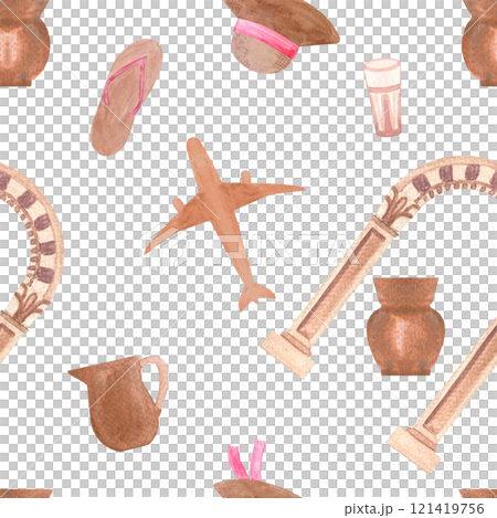 Summer vacations. Airplane, ancient site, pottery, sun hat, flip flops watercolor seamless pattern isolated on white. Hand drawn for stationary, souvenir decor and design, wrapping paper. Historical Summer vacations. Airplane, ancient site, pottery, sun hat, flip flops watercolor seamless pattern isolated on white. Hand drawn for stationary, souvenir decor and design, wrapping paper. Historical 121419756