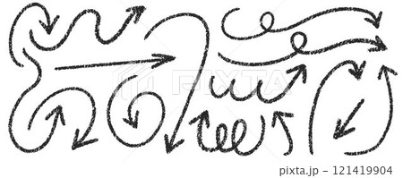 Arrow crayon hand drawn sketch. Vector pencil and chalk scribbles. Doodle charcoal textured grunge elements set. Curve swirl and spiral black marks on white background. Arrow crayon hand drawn sketch. Vector pencil and chalk scribbles. Doodle charcoal textured grunge elements set. Curve swirl and spiral black marks on white background. 121419904