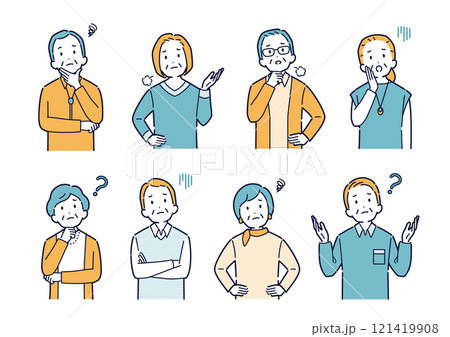 考えたり悩んだりする高齢者のイラストセット_上半身 考えたり悩んだりする高齢者のイラストセット_上半身 121419908