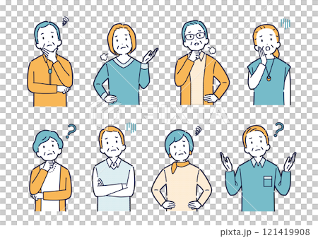 考えたり悩んだりする高齢者のイラストセット_上半身 考えたり悩んだりする高齢者のイラストセット_上半身 121419908