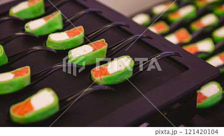 Platter of gourmet appetizers featuring pieces of salmon and cream cheese wrapped in a green wrap 121420104