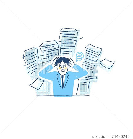 書類の山と頭をかかえて困っているビジネスパーソン 男性 書類の山と頭をかかえて困っているビジネスパーソン 男性 121420240