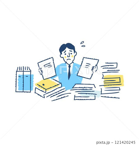 沢山の書類と仕事に追われるビジネスパーソン 男性 沢山の書類と仕事に追われるビジネスパーソン 男性 121420245