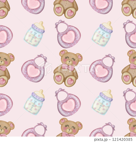 Baby girl cute bear seamless pattern hand drawn on pink color background,for children's textiles.  121420385