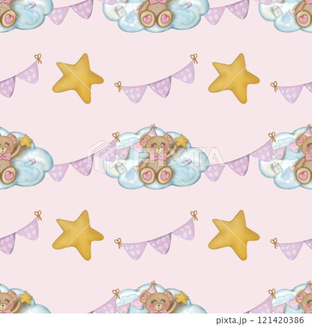 Baby girl cute bear seamless pattern hand drawn on pink color background,for children's textiles.  121420386