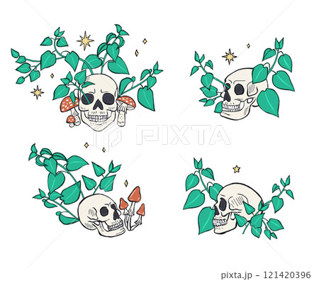 Hand drawn sketchy human skulls surrounded by nettle leaves and muchrooms set 121420396
