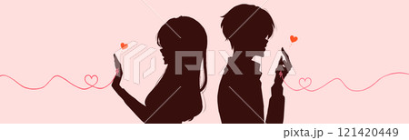 運命の赤い糸を結んだ背中合わせの男女　バストアップ　影絵 121420449