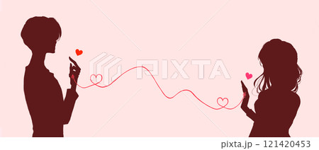 運命の赤い糸で結ばれた向かい合う男女 上半身 影絵 運命の赤い糸で結ばれた向かい合う男女 上半身 影絵 121420453