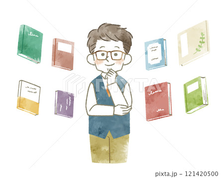 様々な本について考えている男性-水彩 121420500