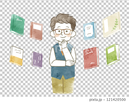 一個男人思考各種書籍 — 水彩 121420500
