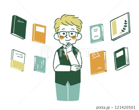 様々な本について考えている男性-4色 様々な本について考えている男性-4色 121420501