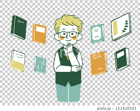 一個男人思考各種書籍 - 4 種顏色 121420501