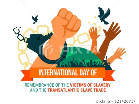 International Day of Remembrance of the Victims of Slavery and the Transatlantic Slave Trade Vector Illustration Featuring Broken Handcuffs on Hands 121420717
