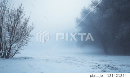 Winter beautiful landscape with heavy frost and fog. AI Generated. 121421234