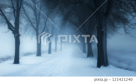 Winter beautiful landscape with heavy frost and fog. AI Generated. 121421240