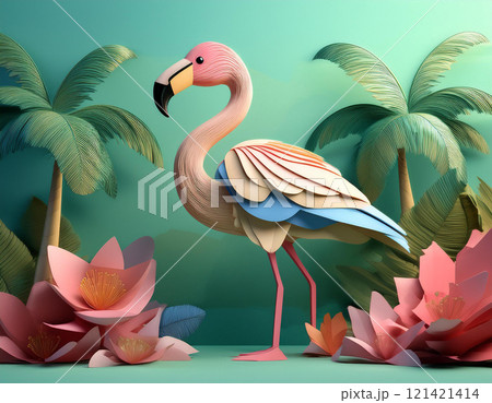 Flamingo and tropical flowers artsy fashion. Flamingo, pink bird with long legs and necks. AI Generated. 121421414