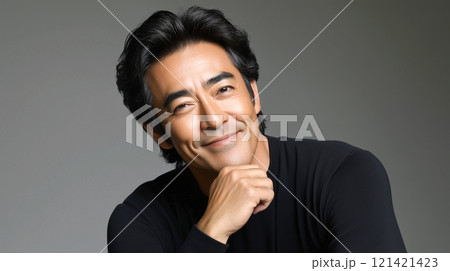 ダンディーな中年のアジア人男性の笑顔の広告撮影。大人の魅力が伝わるファッションポートレート。 121421423
