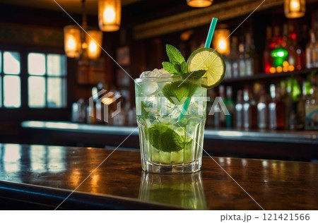 A mojito cocktail with fresh mint and lime sits on a bar counter, illuminated by soft lighting in the background. 121421566