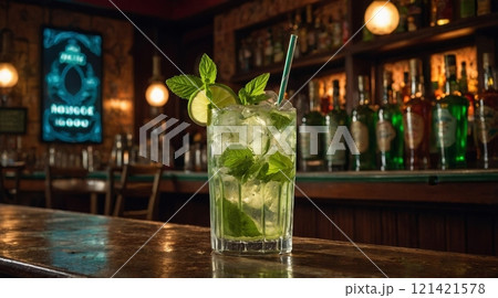 A tall glass of mojito showcases fresh mint and lime, placed on the bar counter amidst a cozy atmosphere with soft lighting. 121421578