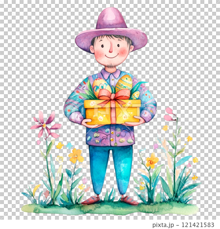 A charming watercolor illustration of a cheerful boy holding a colorful gift box decorated with floral and festive patterns. Vibrant design conveys a sense of joy, set against transparent background. 121421583