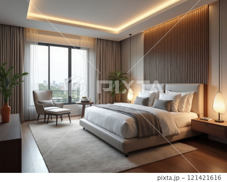 A contemporary bedroom features a large bed, stylish chair, and soft lighting, offering a peaceful atmosphere and city view. A contemporary bedroom features a large bed, stylish chair, and soft lighting, offering a peaceful atmosphere and city view. 121421616