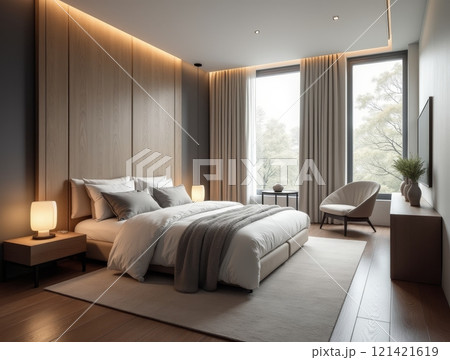 A stylish bedroom with large windows allowing ample natural light, featuring minimalistic decor, a plush bed, and comfortable seating. 121421619