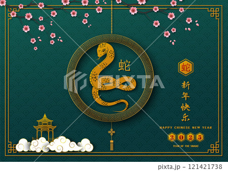 Happy Chinese new year 2025,Snake Lunar New Year themed on asian background,Chinese translate mean Happy new year 2025,Year of the snake 121421738