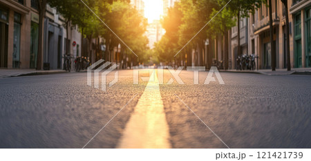 serene city street at sunset, lined with trees and bicycles, creates peaceful atmosphere. Environmental Protection Policy concept 121421739