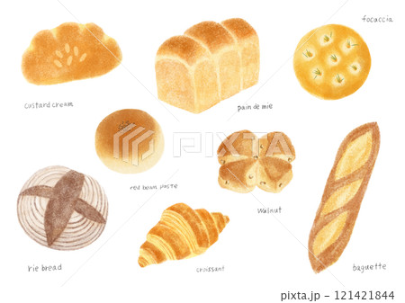水彩タッチ色々なパンのイラストレーション 121421844