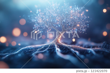 cybernetic tree of life with glowing roots and digital elements, symbolizing connection and growth in futuristic landscape 121422070