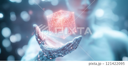 futuristic AI figure holding glowing cube, symbolizing technology and innovation. scene is vibrant and captivating, evoking sense of wonder. AI Ethics concept 121422095